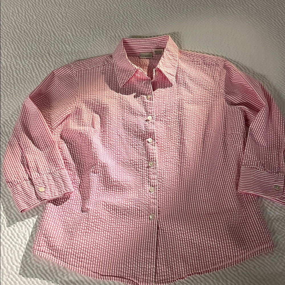 L.L. Bean Pink Striped Vacationland Seersucker 3/4 Sleeve Cotton Shirt